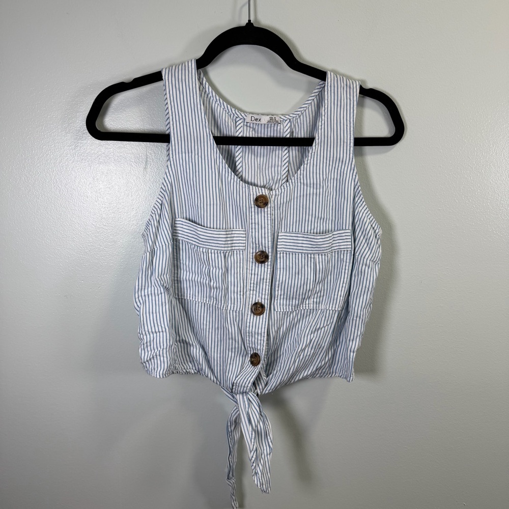 Dex Blue White Striped Tencel Tie Front Crop Tank Top M 1323279